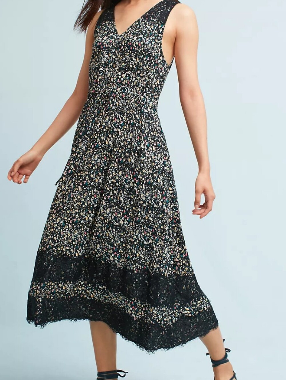 Ranna Gill Black Floral Dress with Pink and Teal Accents